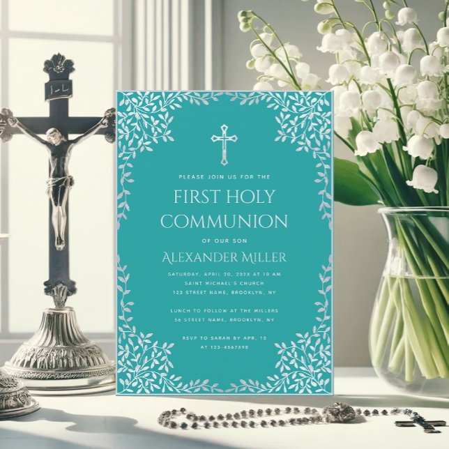 Boy First Communion Teal Elegant Silver Leaves  Invitation (Creator Uploaded)