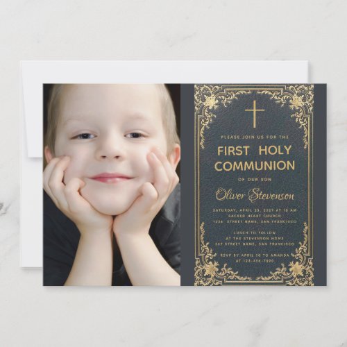 Boy First Communion Vintage Blue Gold Cross Photo Invitation