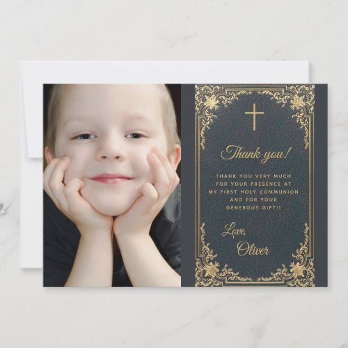Boy First Communion Vintage Blue Gold Photo Thank You Card