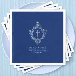 Boy First Communion Vintage Crest Cross Royal Blue Napkins