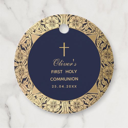 Boy First Communion Vintage Navy Blue Gold Roses Favor Tags