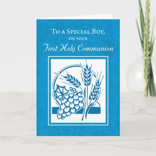 Boy First Communion Wheat Grapes Blue Card