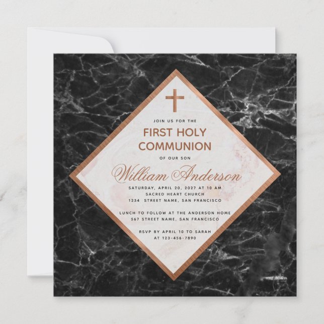 Boy First Communion White Black Marble Copper Invitation (Front)