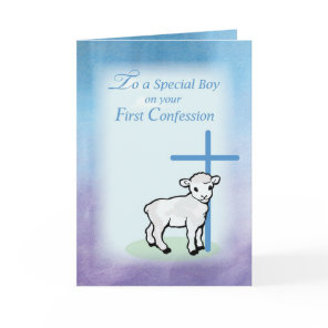 Boy First Confession, Lamb, Cross on Blue Backgrou Card