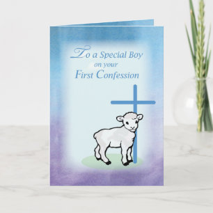 Boy First Confession, Lamb, Cross on Blue Backgrou Card