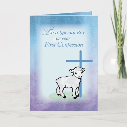 Boy First Confession Lamb Cross on Blue Backgrou Card