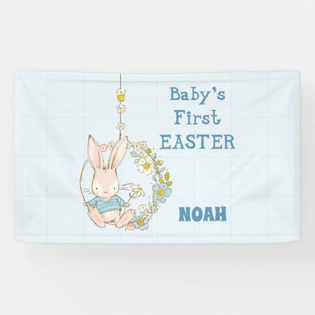 Boy First Easter Bunny on Flower Swing Banner (Horizontal)