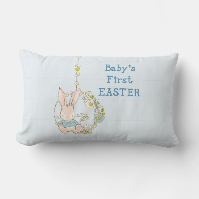 Boy First Easter Bunny on Flower Swing Lumbar Pillow (Front)