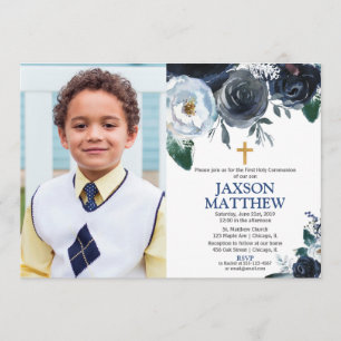 Boy First Holy Communion blue floral photo Invitation
