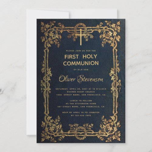 Boy First Holy Communion Blue Gold Leaves Vintage Invitation