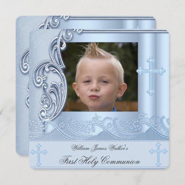 Boy First Holy Communion Blue Photo Confirmation 2 Invitation (Front/Back)