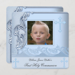 Boy First Holy Communion Blue Photo Confirmation 3 Invitation