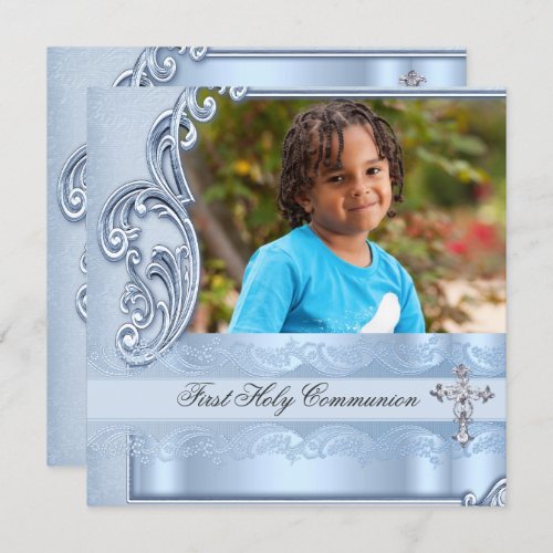 Boy First Holy Communion Blue Photo Confirmation Invitation