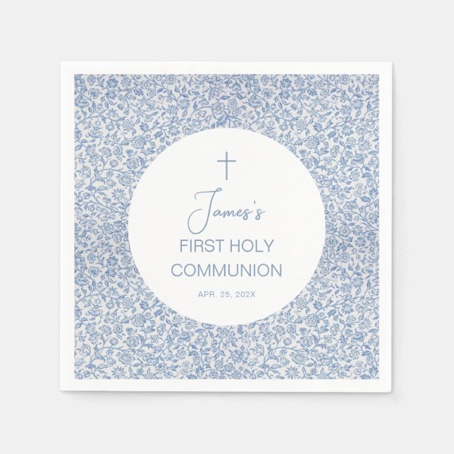 Boy First Holy Communion Blue White Floral Pattern Napkins (Front)