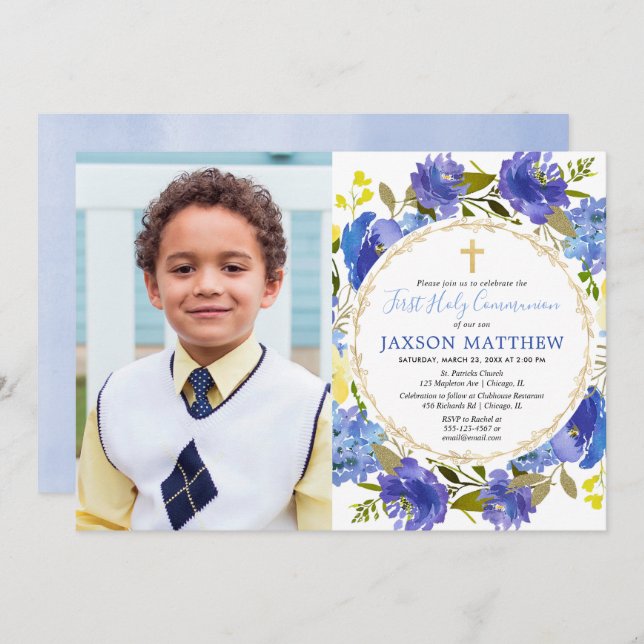 Boy First Holy Communion blue yellow floral Invitation (Front/Back)