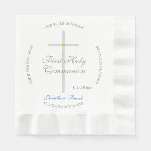 Boy First Holy Communion Cross Blue Name Napkins