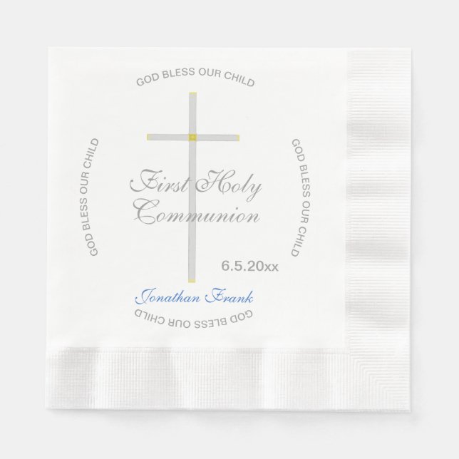 Boy First Holy Communion Cross Blue Name Napkins (Front)