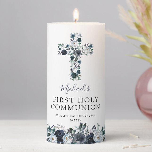 Boy First Holy Communion Floral Cross Pillar Candle (In Situ)
