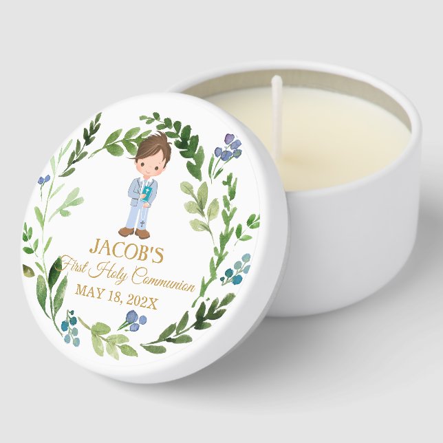 Boy First Holy Communion Greenery Wreath Mini Candle Favors (Corner)