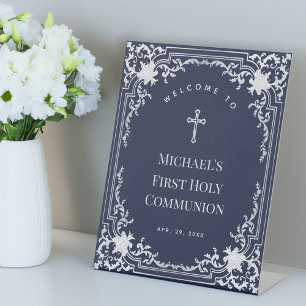 Boy First Holy Communion Navy Blue Vintage Welcome Pedestal Sign