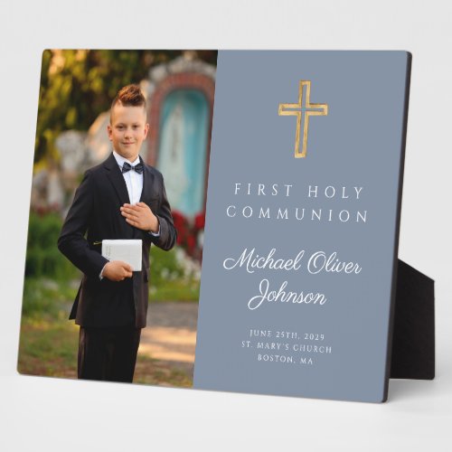 Boy First Holy Communion Photo  Dusty Blue Plaque