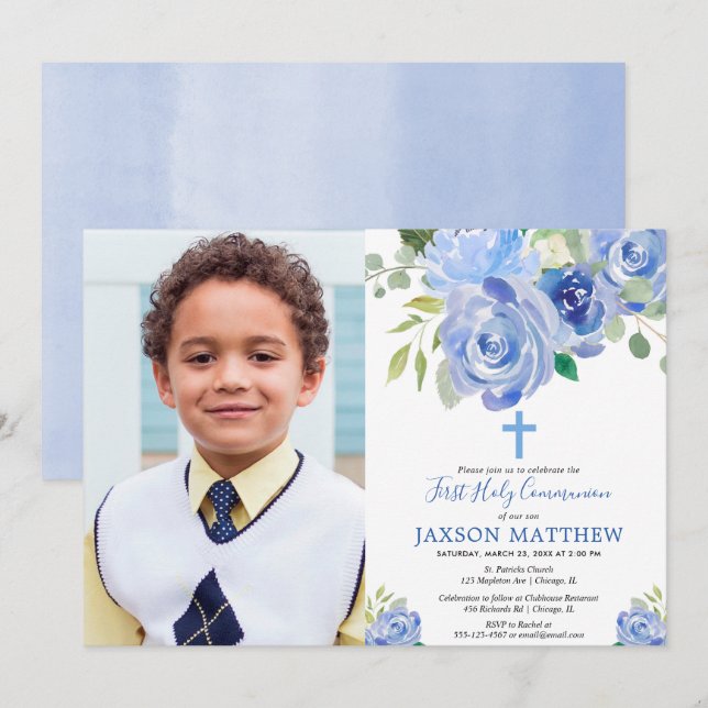 Boy first holy communion photo invitation (Front/Back)