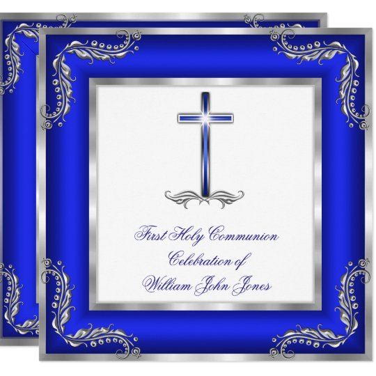 Boy First Holy Communion Royal Blue Silver White Invitation | Zazzle.com