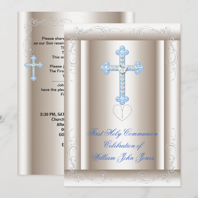 Boy First Holy Communion Sepia Blue Invitation (Front/Back)