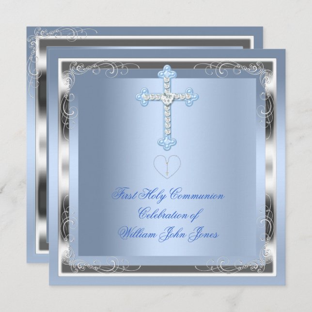 Boy First Holy Communion Silver Blue 2 Invitation (Front/Back)