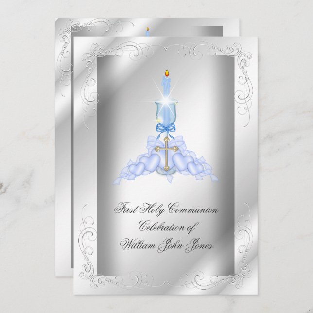 Boy First Holy Communion Silver Blue Boys Invitation (Front/Back)
