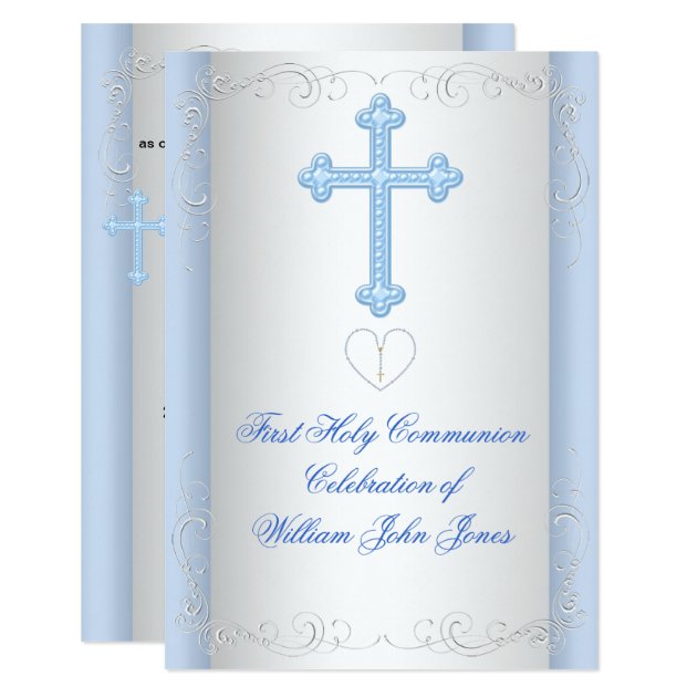 Boy First Holy Communion Silver Blue Invitation
