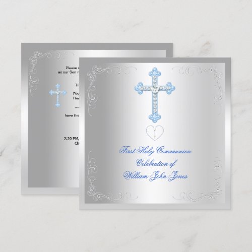 Boy First Holy Communion Silver Blue Custom Invitation