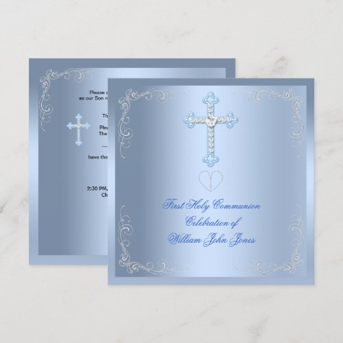Boy First Holy Communion Silver Blue Invite