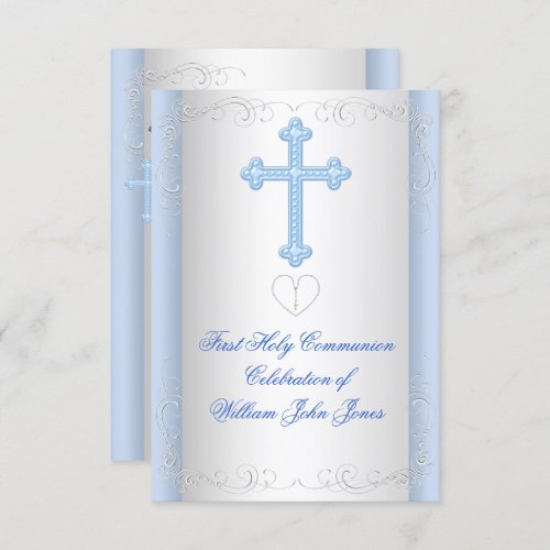 Boy First Holy Communion Silver Blue Invitation