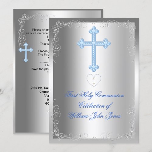 Boy First Holy Communion Silver Blue Custom Invites