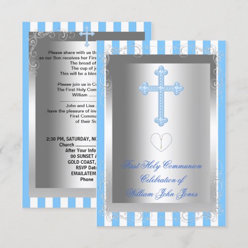 Boy First Holy Communion Silver Blue Stripe Personalized Announcements