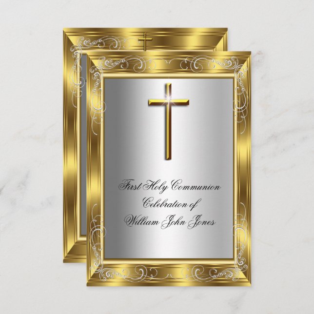 Boy First Holy Communion Silver Gold Cross 2 Invitation (Front/Back)