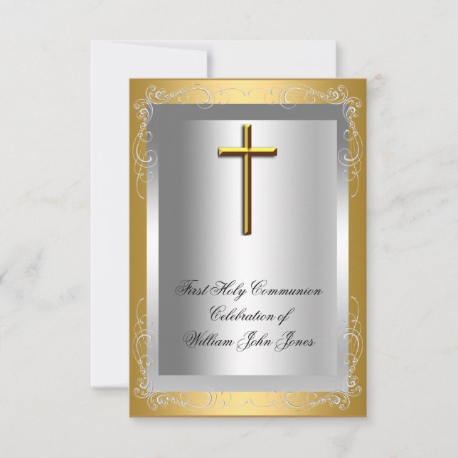 Boy First Holy Communion Silver Gold Cross Invitation (Front)