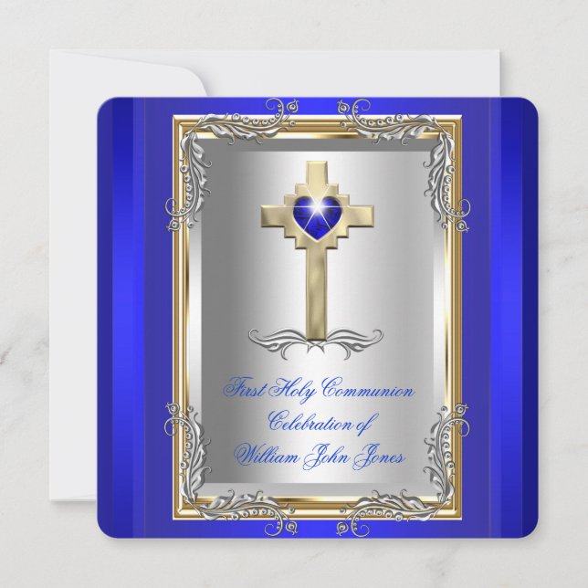 Boy First Holy Communion Silver Gold Royal Blue 2 Invitation (Front)