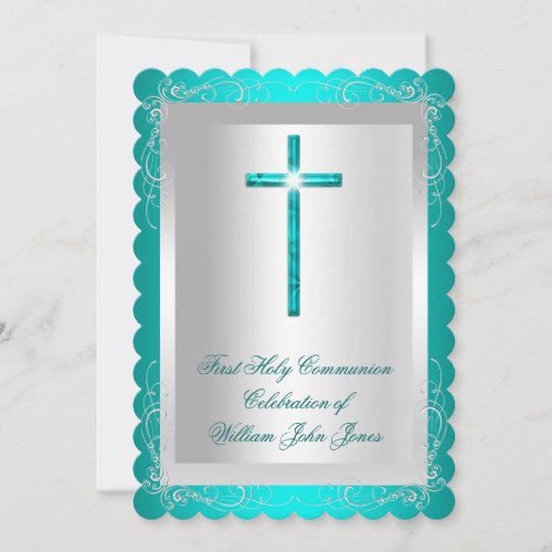 Boy First Holy Communion Silver Jade Teal 2 Invitation