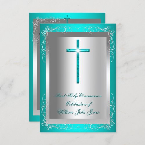 Boy First Holy Communion Silver Jade Teal Invitation