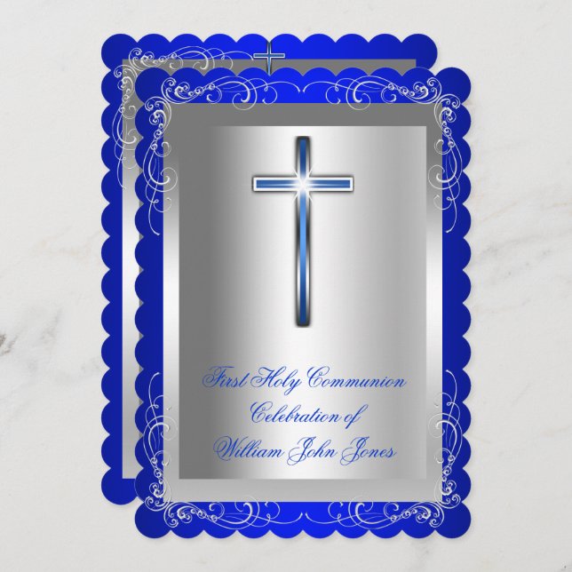 Boy First Holy Communion Silver Royal Blue 2s Invitation (Front/Back)