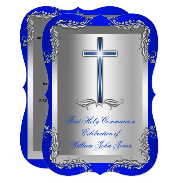 Boy First Holy Communion Silver Royal Blue 2T Invitation