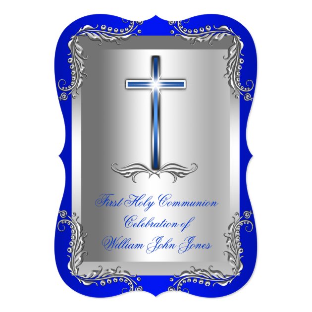 Boy First Holy Communion Silver Royal Blue 2T Invitation