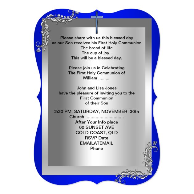 Boy First Holy Communion Silver Royal Blue 2T Invitation