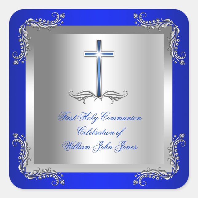 Boy First Holy Communion Silver Royal Blue 2T Square Sticker (Front)
