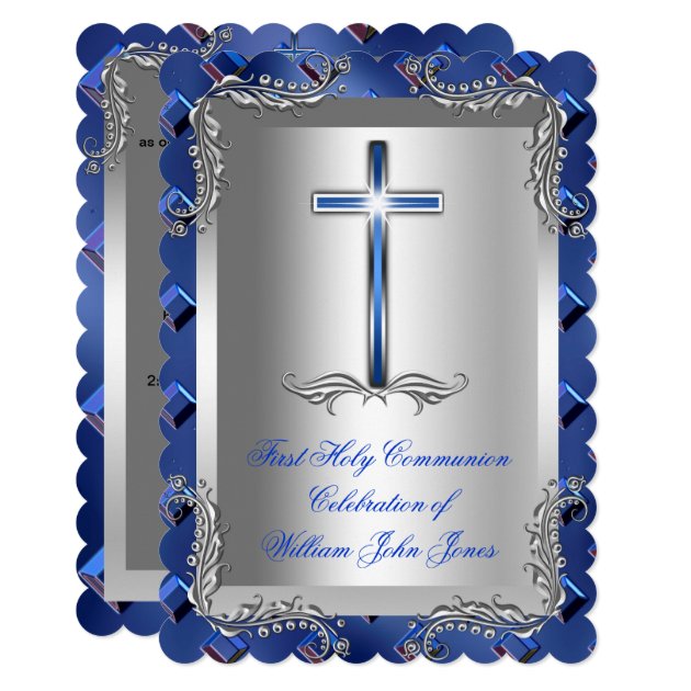 Boy First Holy Communion Silver Royal Blue 2TS Invitation