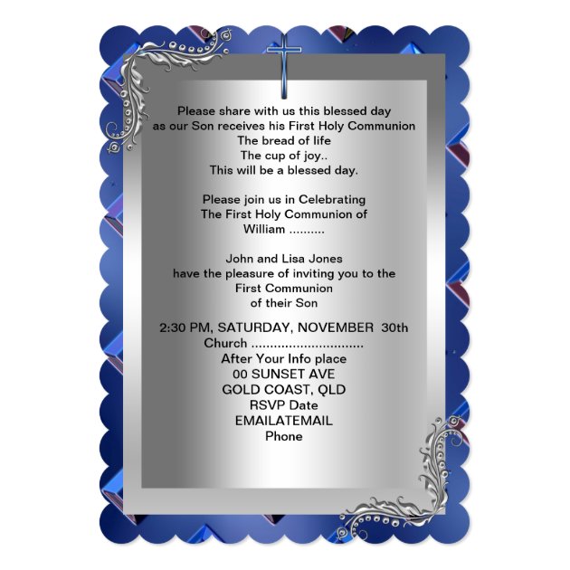 Boy First Holy Communion Silver Royal Blue 2TS Invitation