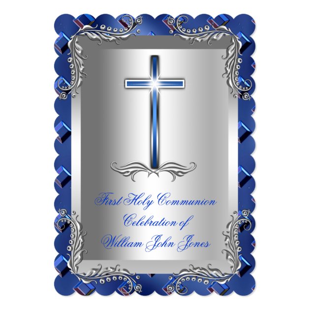 Boy First Holy Communion Silver Royal Blue 2TS Invitation