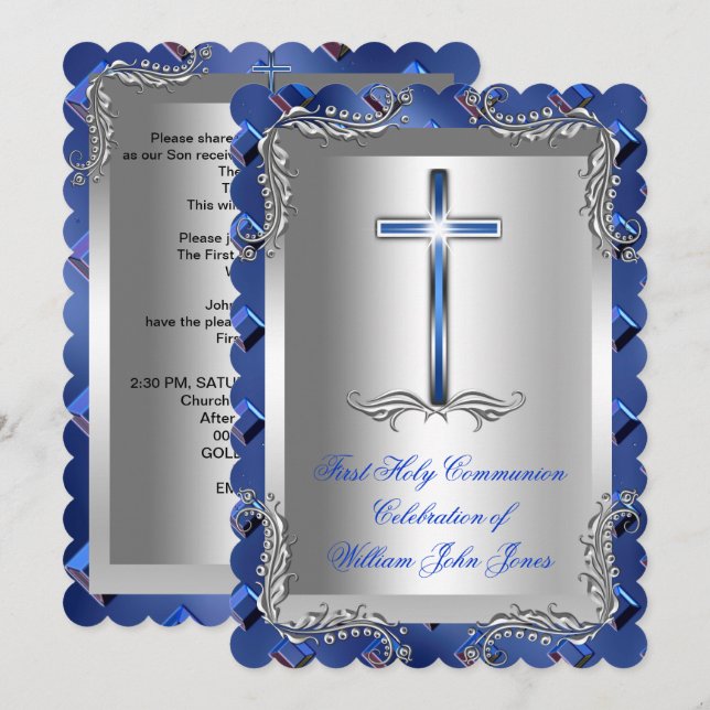 Boy First Holy Communion Silver Royal Blue 2TS Invitation (Front/Back)